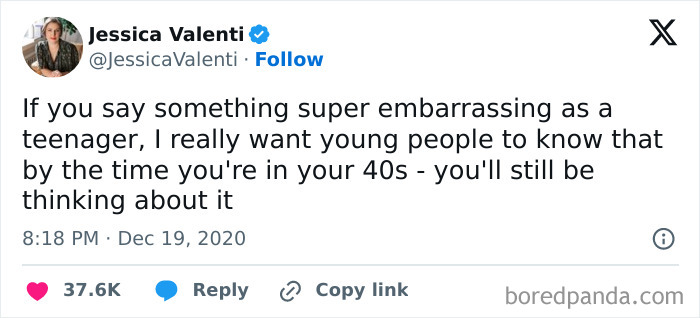 Tweet by Jessica Valenti humorously reflecting on thoughts from teenage years while being in your 40s.