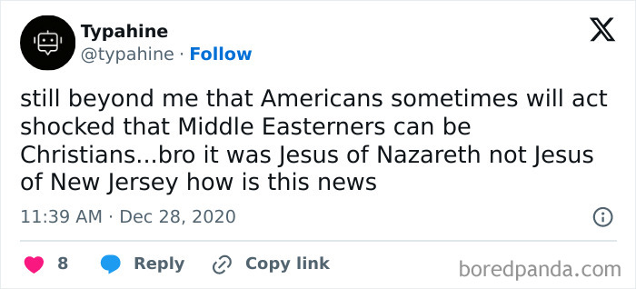 Hilariously bizarre tweet about Middle Eastern Christians and Jesus of Nazareth versus Jesus of New Jersey.