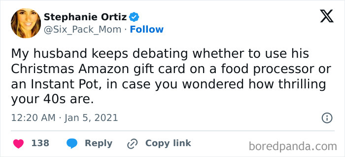 Funny tweet about life in your 40s, debating between buying a food processor or Instant Pot with a gift card.