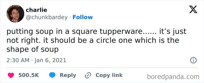 Tweet joking about putting soup in square Tupperware, suggesting soup should be in circle containers.