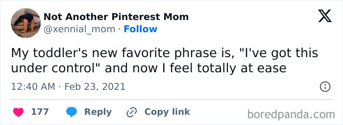 Tweet about a toddler saying "I've got this under control," bringing humor and warmth to the parent.