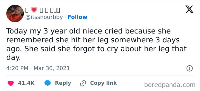 Tweet about a child's delayed reaction to hitting her leg, highlighting awkward parents-kids conversations.