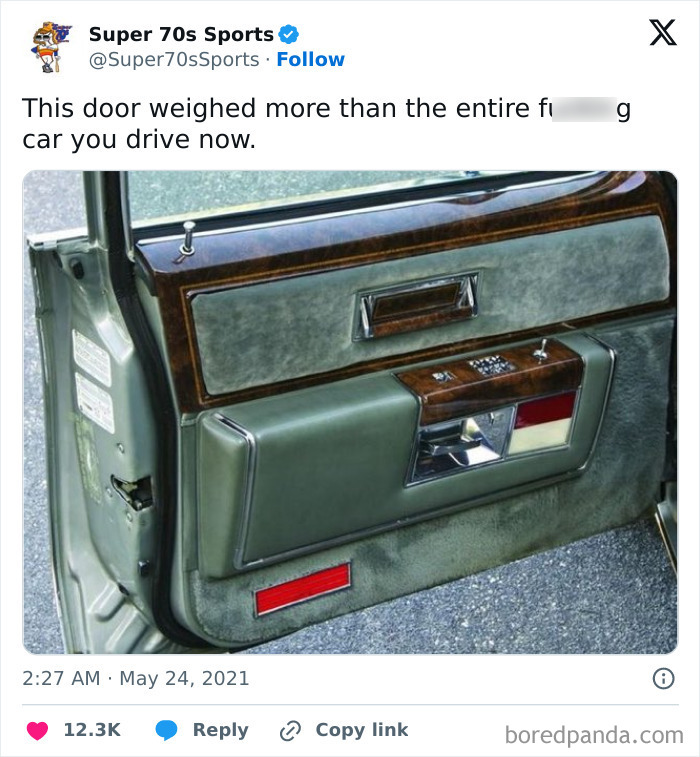 Vintage Gen X car door with retro design and hefty weight, recalling nostalgic automotive features.