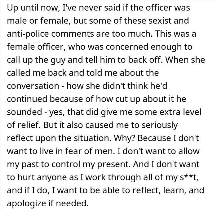 Text about calling police after Amazon driver's note, discussing officer's gender and reflecting on fear and past experiences.