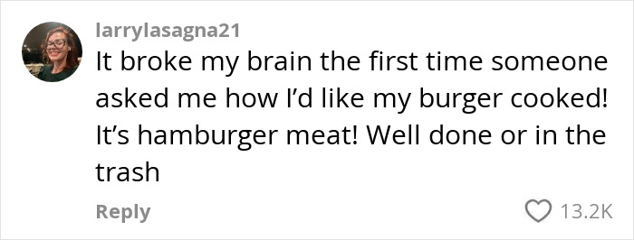 Social media comment about hamburger meat cooking preference.