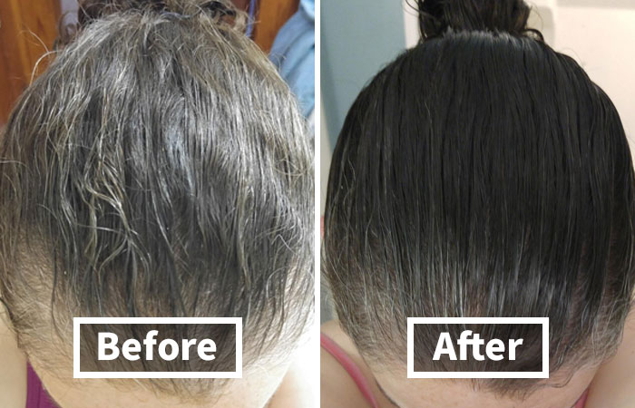 Before and after of panda product for hair transformation, showing improved hair texture and color.