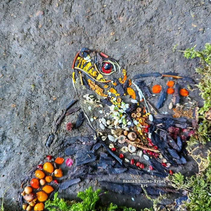 Animal portrait crafted from natural materials, featuring vibrant colors on earthy background in earth art style.