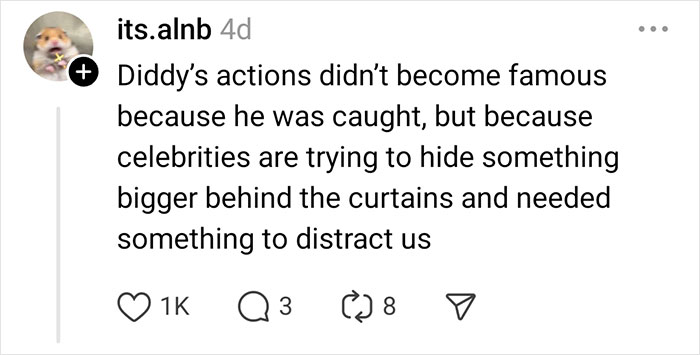 Social media post discussing celebrity rumors about Diddy's actions being a distraction from hidden truths.