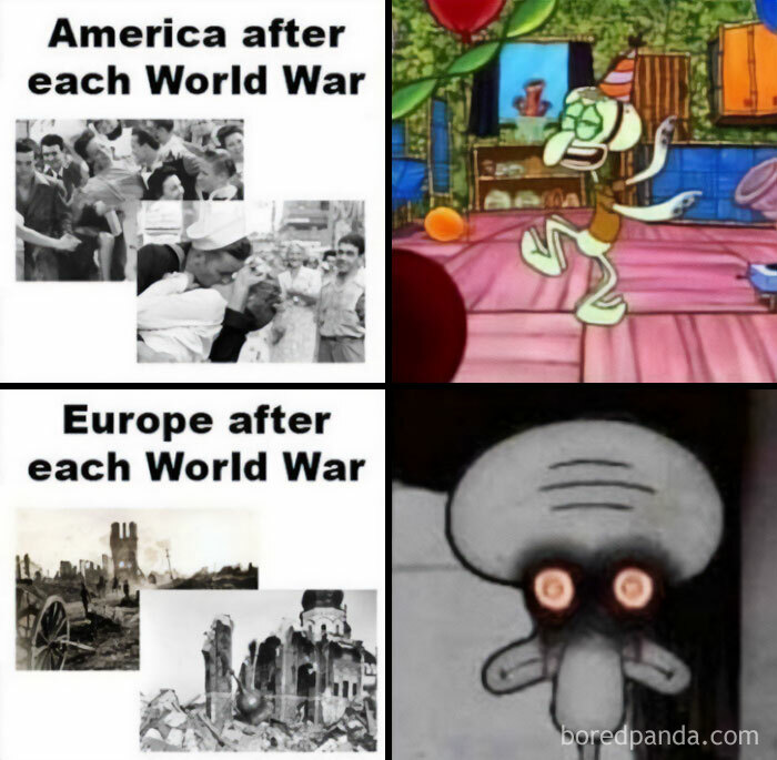 Hilariously accurate meme illustrating America's and Europe's state after each World War with cartoon and historical photos.