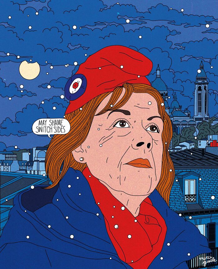 Illustration of a woman with a red hat and scarf under a snowy night sky, featuring humorous sarcasm.