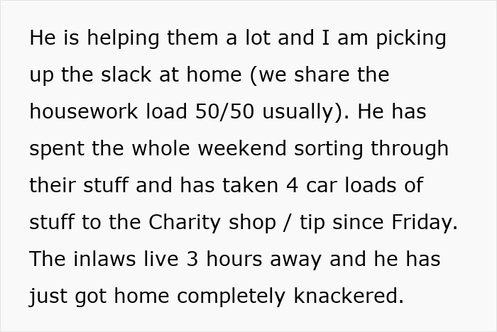 Text about a husband helping his in-laws by sorting belongings and driving donations nearby.