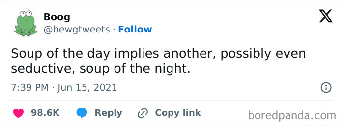 Tweet with a bizarre brand new sentence about "soup of the night" gaining humor.