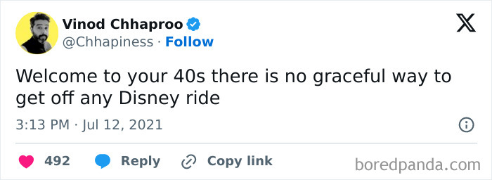 Tweet humorously depicts life in your 40s, mentioning the struggle of getting off Disney rides.