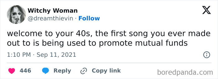 Tweet about being in your 40s jokes that a nostalgic song is now used for mutual fund ads.