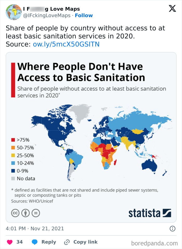 World map highlighting countries lacking basic sanitation access, showing statistics and percentages. Maps-That-Change-Perspective.