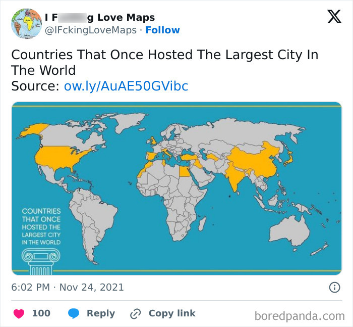 World map highlighting countries that once hosted the largest city, showing changing perspectives.