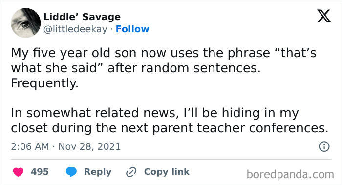 Tweet about a toddler's funny use of "that's what she said" and a parent's reaction, embodying hilarious toddler moments.