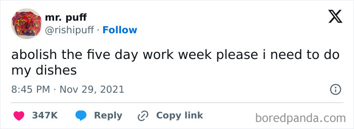Millennial life meme about abolishing the five-day work week to have time for chores, with a humorous touch.