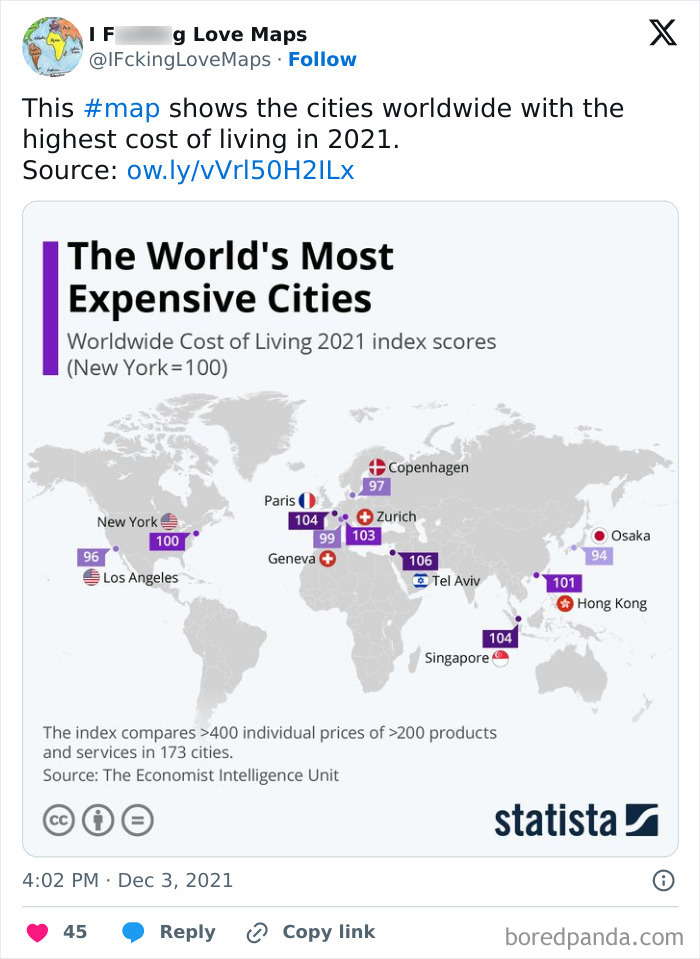 Map highlighting cities with the highest cost of living in 2021, showcasing how maps change perspective globally.