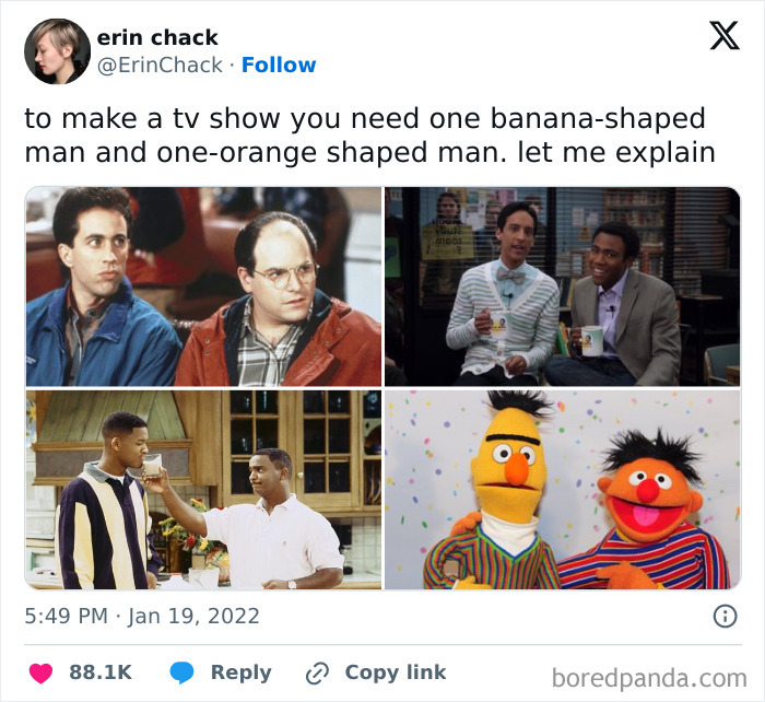 Meme about millennial life showing TV show characters as banana and orange-shaped men.