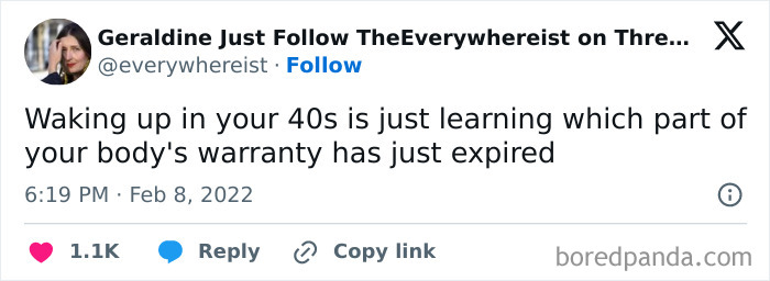 Tweet about being in your 40s, humorously comparing it to a body's warranty expiration.