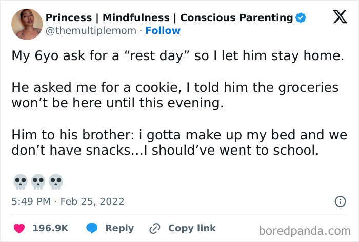 Tweet humorously depicts awkward parents-kids conversation about a child regretting staying home from school.