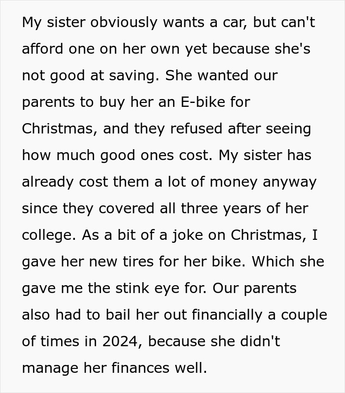 Text description of a woman's financial struggles and family tensions over an e-bike.