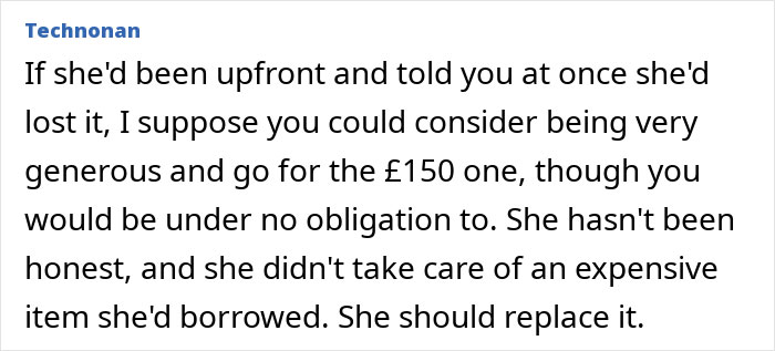 Text message discussing a woman's refusal to buy a new hairdryer for a friend who lost the original.