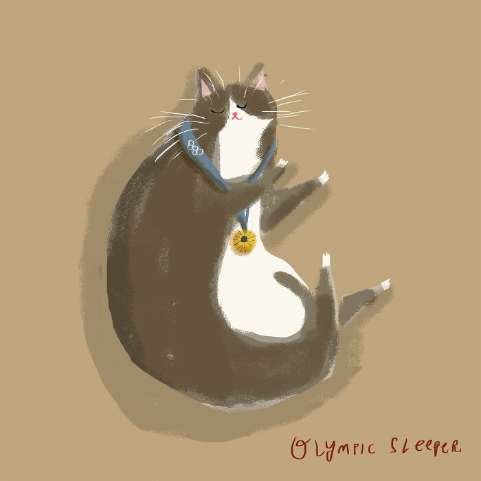 Cozy illustration of a cat with a gold medal, perfect art for cat lovers by Jamie Shelman.