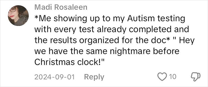 Text comment about autism testing preparation and a humorous remark, linked to a viral woman's medical binder hack.