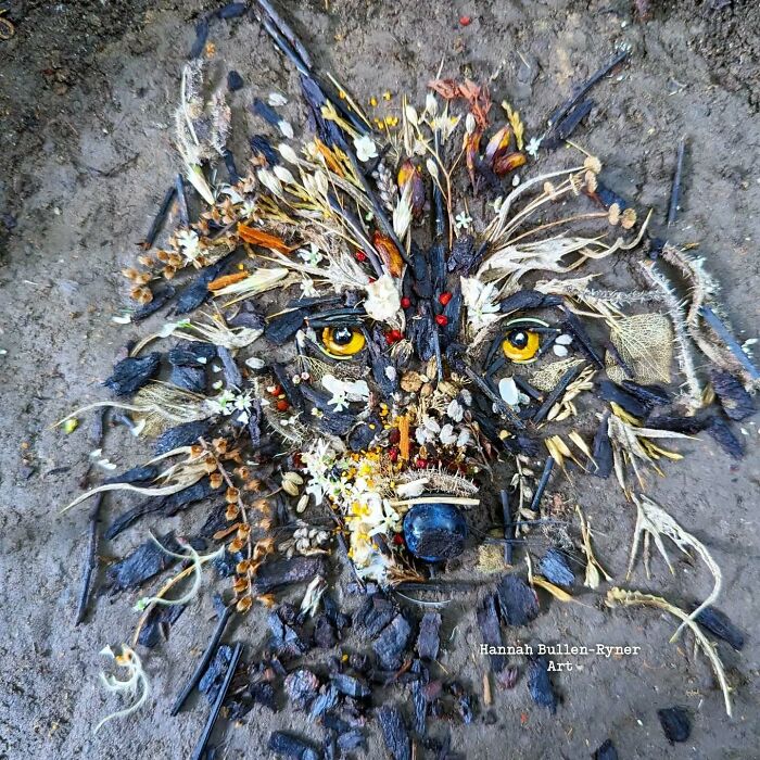 Animal portrait crafted from natural materials, showcasing intricate earth art details in a wolf's face.