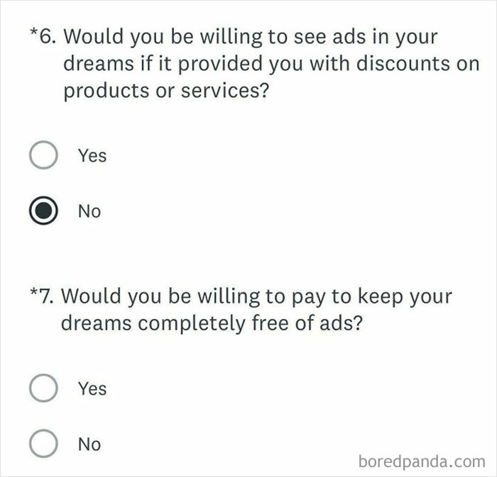 Survey about ads in dreams, highlighting a boring dystopia with options to accept or reject ad exposure during sleep.