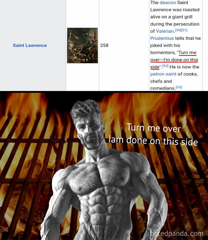 Muscular figure in front of a grill with flames, humorously portraying historical meme with text: "Turn me over I am done on this side."