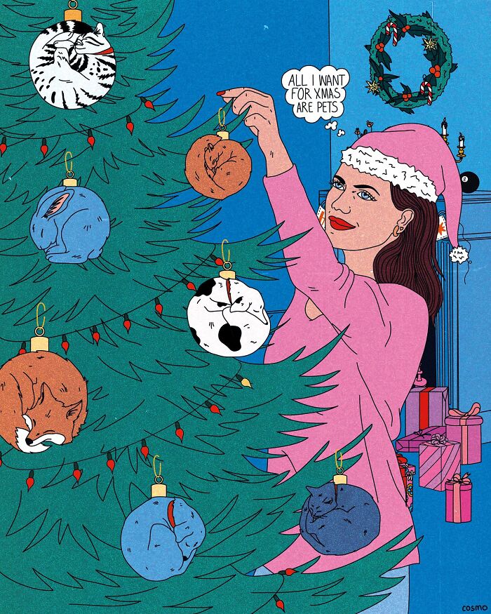 Woman decorates Christmas tree with pet ornaments, blending humor and sarcasm in vibrant illustration.