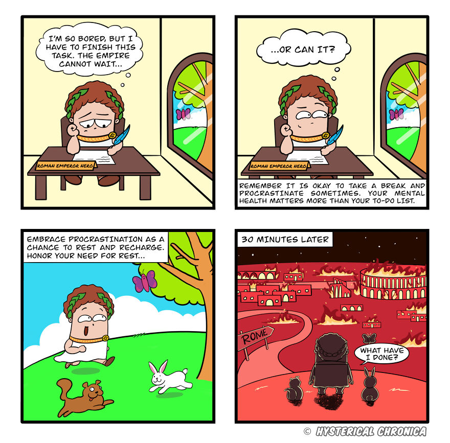 Comic depicting Roman Emperor Nero procrastinating on a task, highlighting historical everyday struggles.