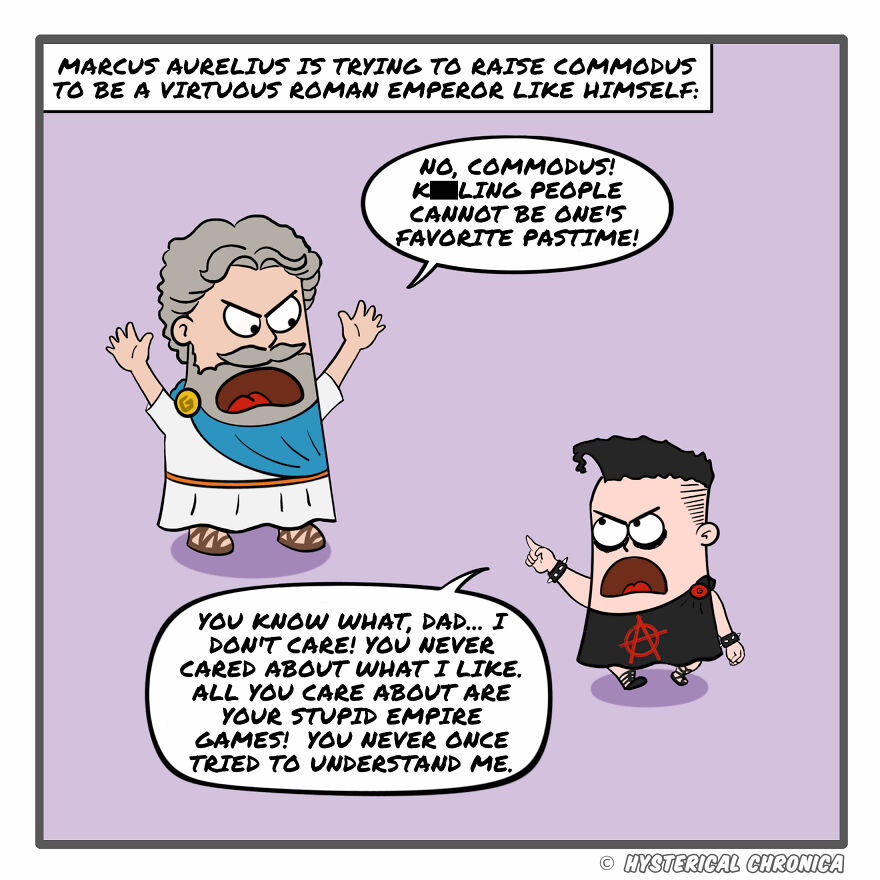 Comic showing Marcus Aurelius and Commodus arguing about virtuous leadership, inspired by history’s everyday struggles.