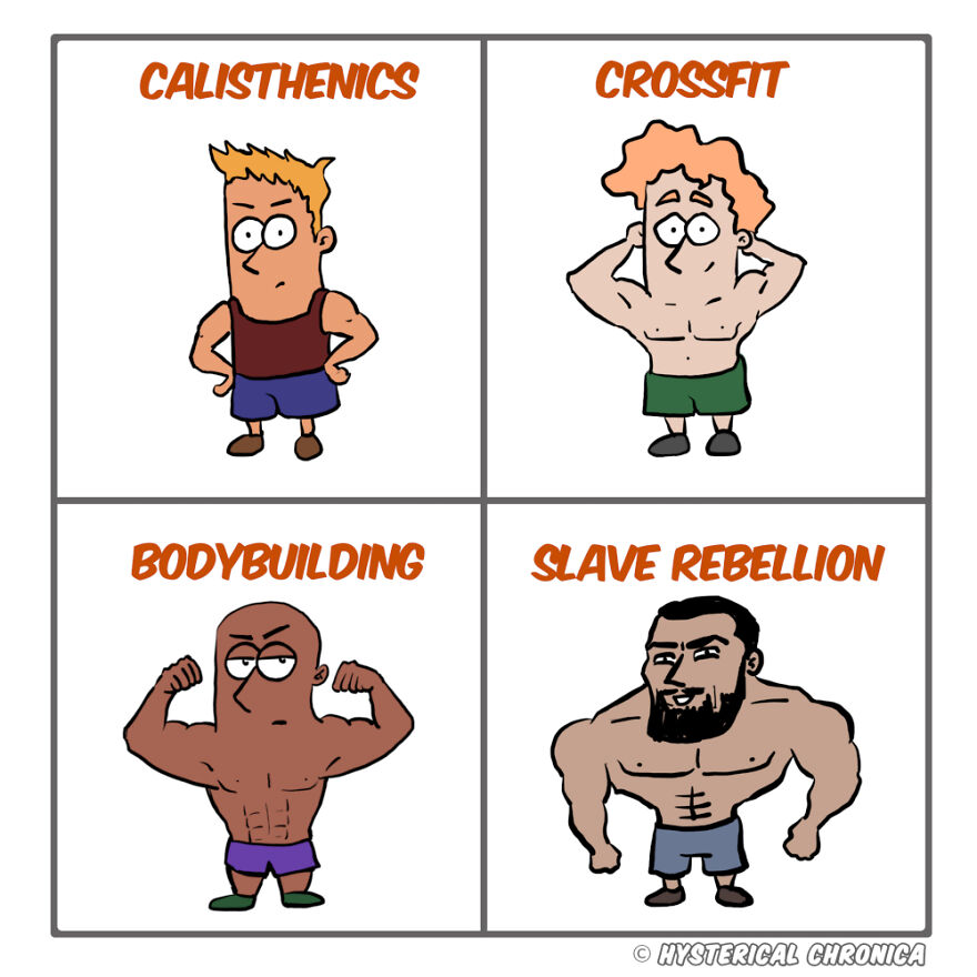 Four comic panels depicting fitness styles with humorous illustrations: calisthenics, crossfit, bodybuilding, slave rebellion.