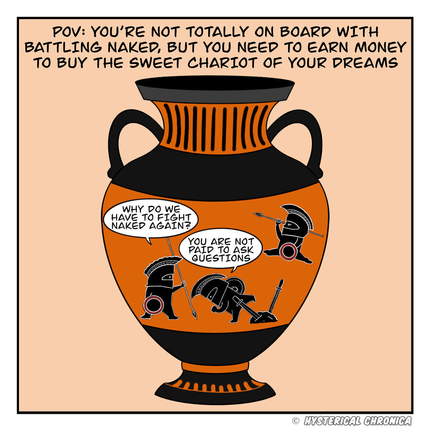 Historical comic depicting warriors questioning fighting without armor, drawn on an ancient Greek-style vase.