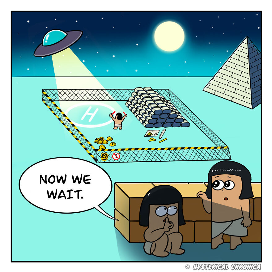 Comic depicting historical struggles with characters, pyramids, and a UFO. One character says, "Now we wait."