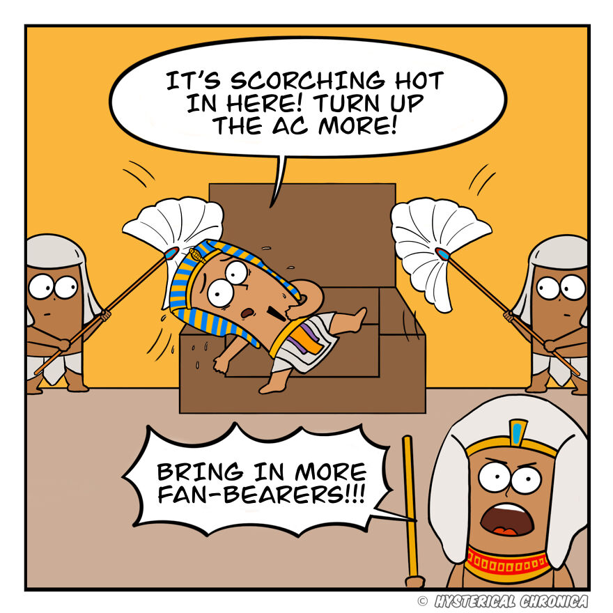 Comic of Pharaoh with fan-bearers, humorously depicting relatable historical struggles with heat.