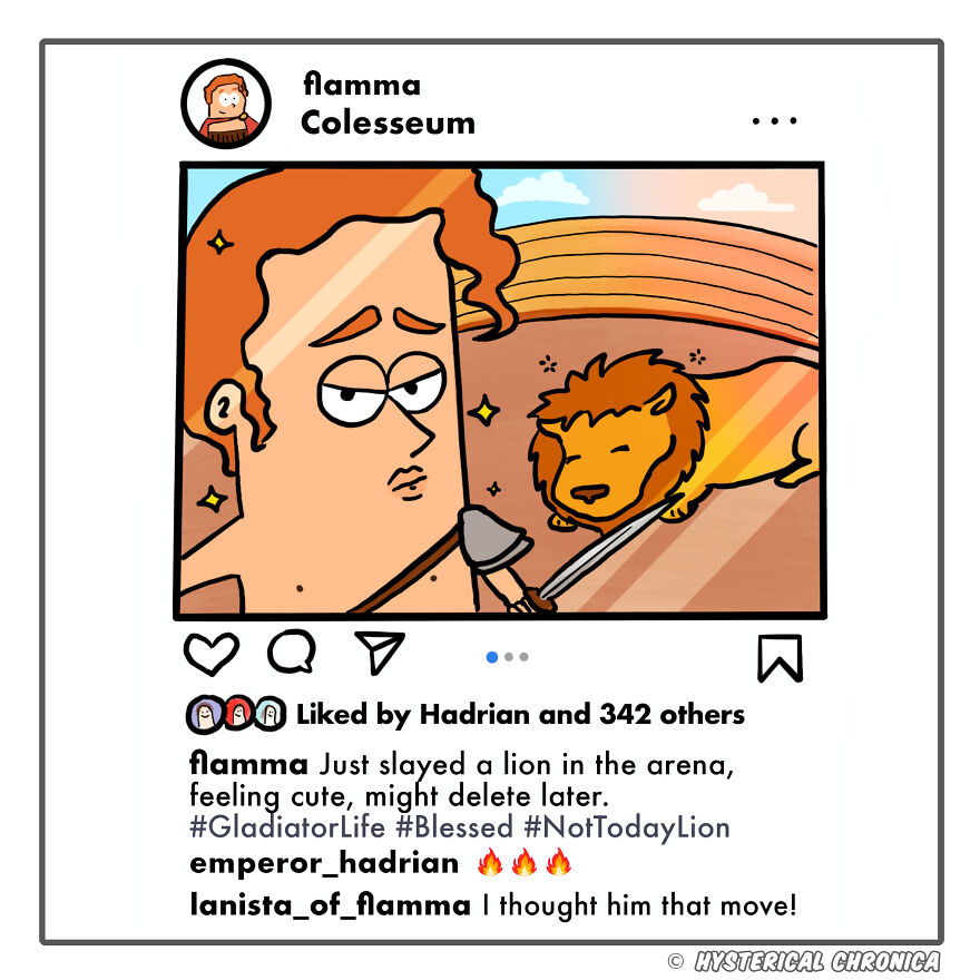 Comic of a gladiator casually posing after defeating a lion, with social media captions humorously reflecting everyday struggles.