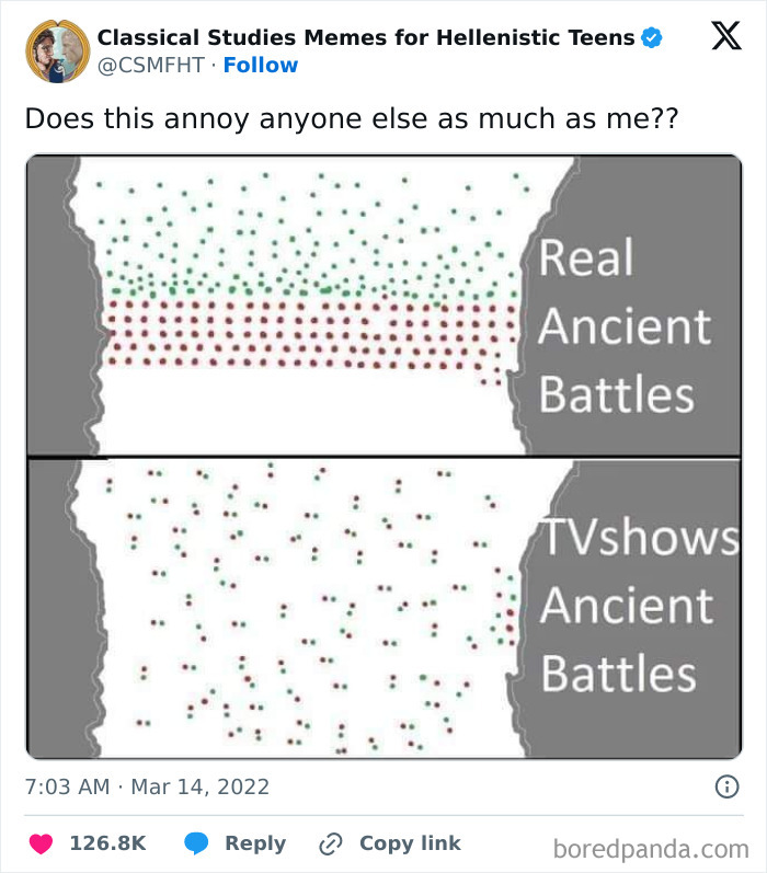 Meme illustrating the difference between real ancient battles and their depiction in TV shows using dot patterns.