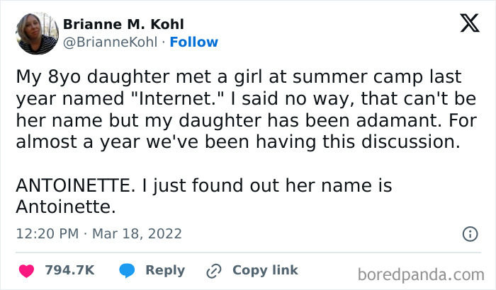 Tweet by Brianne M. Kohl about awkward parents and kids conversation about a girl's name mistaken for "Internet."