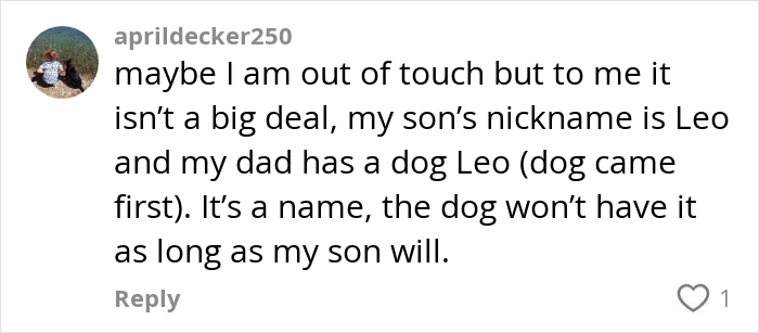 Comment discussing naming a dog the same name as a family member.