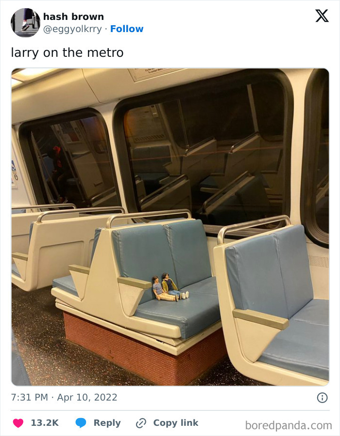 Toy passengers on a subway seat, offering a funny glimpse of train travel humor.