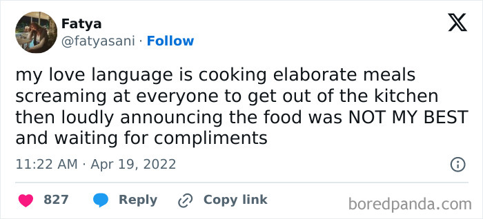 Funny food meme about cooking elaborate meals and seeking compliments.