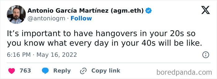 Tweet humorously comparing hangovers in your 20s to daily life in your 40s.