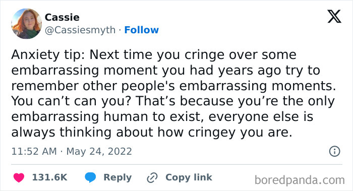 A tweet about anxiety tips, with humorous text about embarrassing moments, from a user named Cassie.