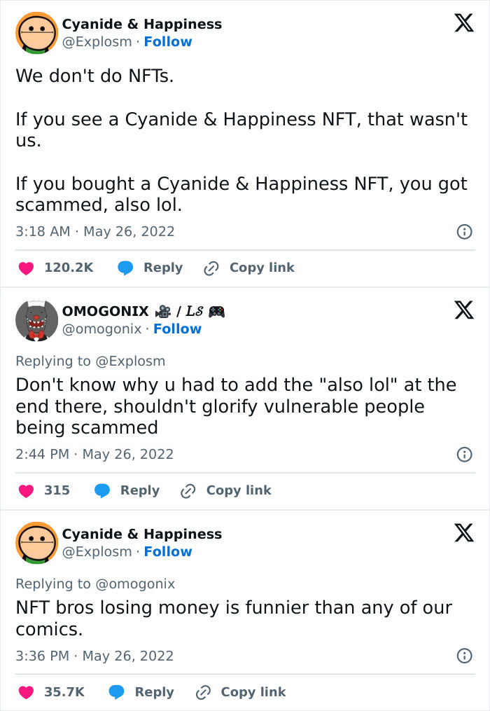 Twitter exchange featuring witty comeback about NFTs and Cyanide & Happiness comics.