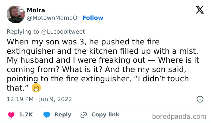 Tweet about a child's response to accidentally setting off a fire extinguisher, capturing an awkward parent-kid conversation.